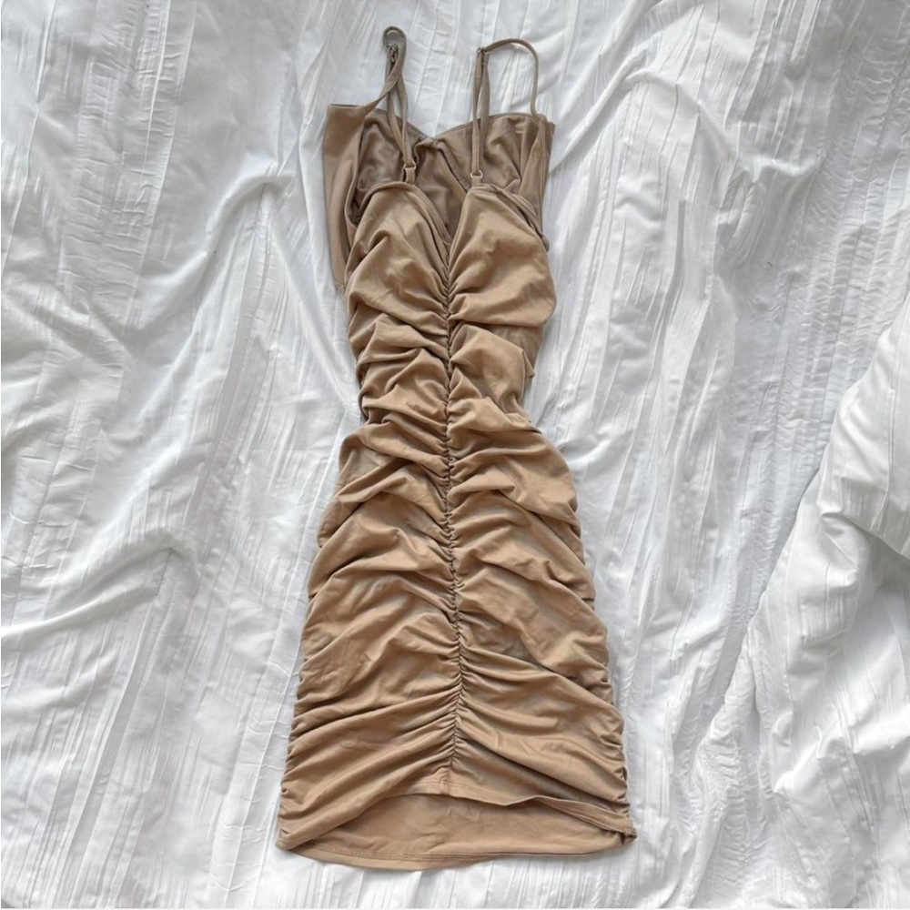 Tan Ruched Bodycon Dress
